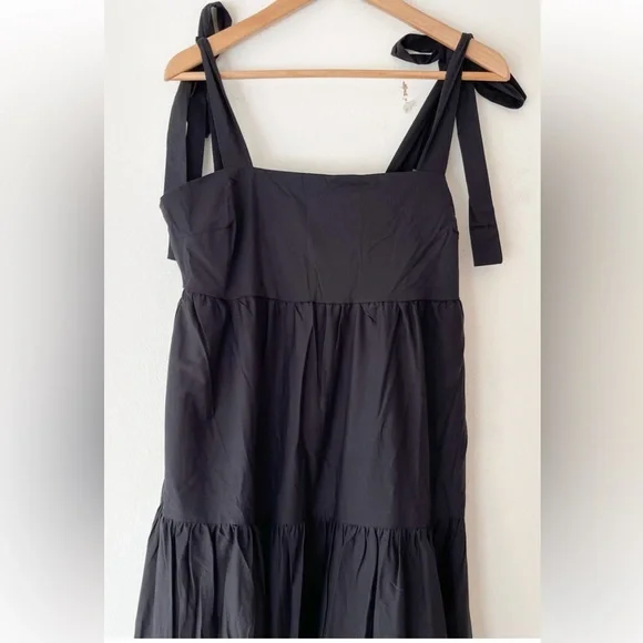 New Jason Wu Womens Tiered Smocked Maxi Dress Black Shoulder Ties Large - Picture 3 of 17